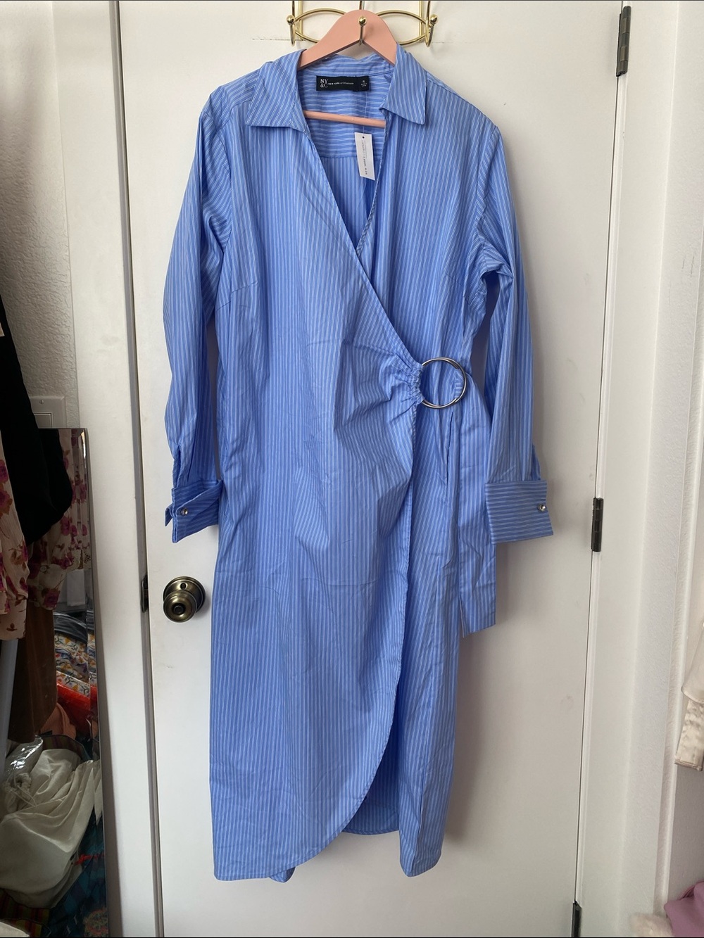 NEW YORK & COMPANY Light Blue Pinstripe Wrap Midi Dress with Ring NWT!